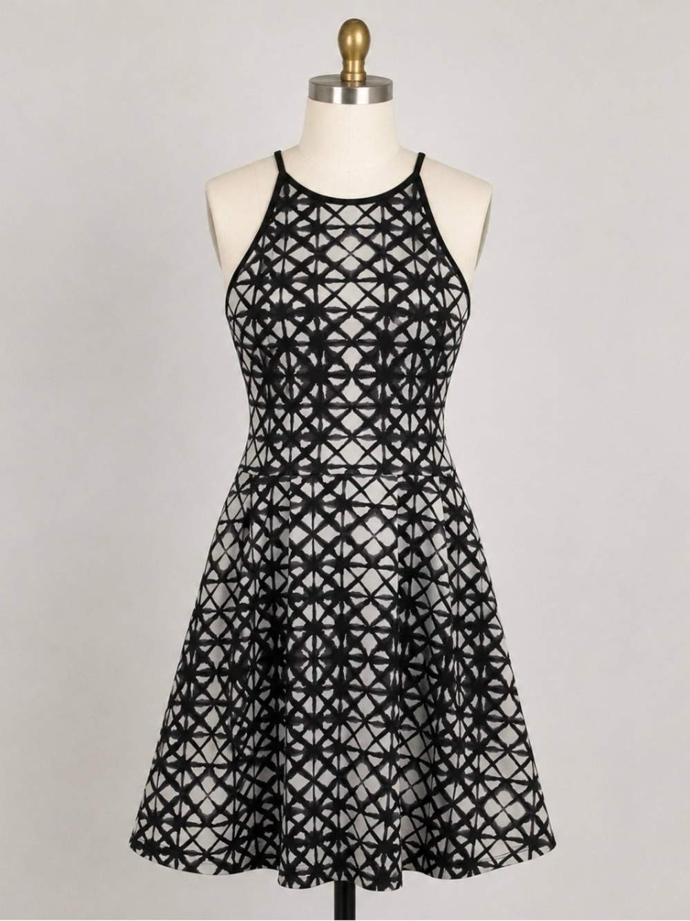 Mossimo Geometric Scuba Black White Sz S Halter Fit Flare Skater Mini Dress Y2K